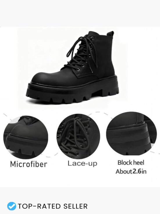 Black Leather Lace-Up Platform Combat Boots Chunky Heel Lug Sole Side Zipper main image 5